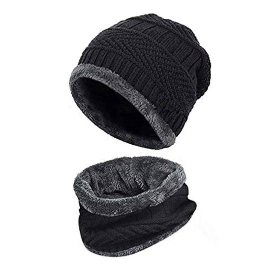 Winter Knit Woolen Hat & Neck Scarf Set with Fleece Lining (Unisex)