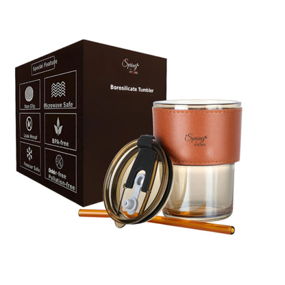 LA' FORTE 450ml Borosilicate Glass Tumbler | Leak-Proof Travel Cup | Glass Straw & Leather Jacket | Hot & Cold Beverages | Dual Drinking Mode - Sip & Straw