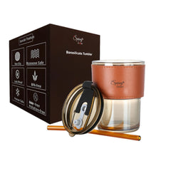 LA FORTE 450ml borosilicate glass tumbler with straw and leather sleeve travel cup
