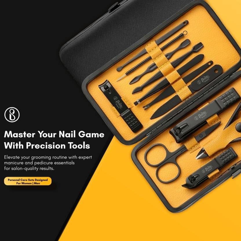Nail care tool set with black and gold tools in a black case on a yellow background