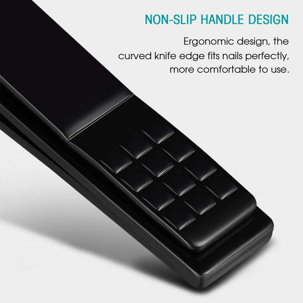 Black nail clipper with ergonomic handle design on a light gray background