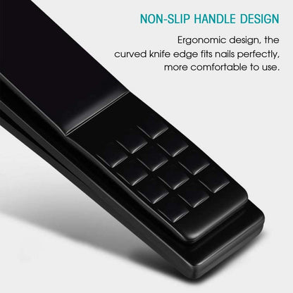 Black nail clipper with ergonomic handle design on a light gray background