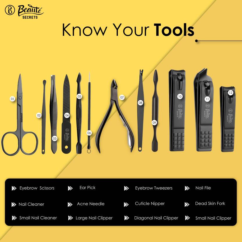 Set of black grooming tools on a yellow background with 'Beaute Secrets' branding.