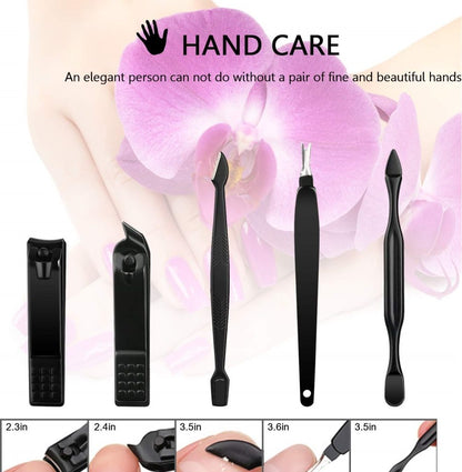 Hand care tools with a focus on nail care against a soft floral background.