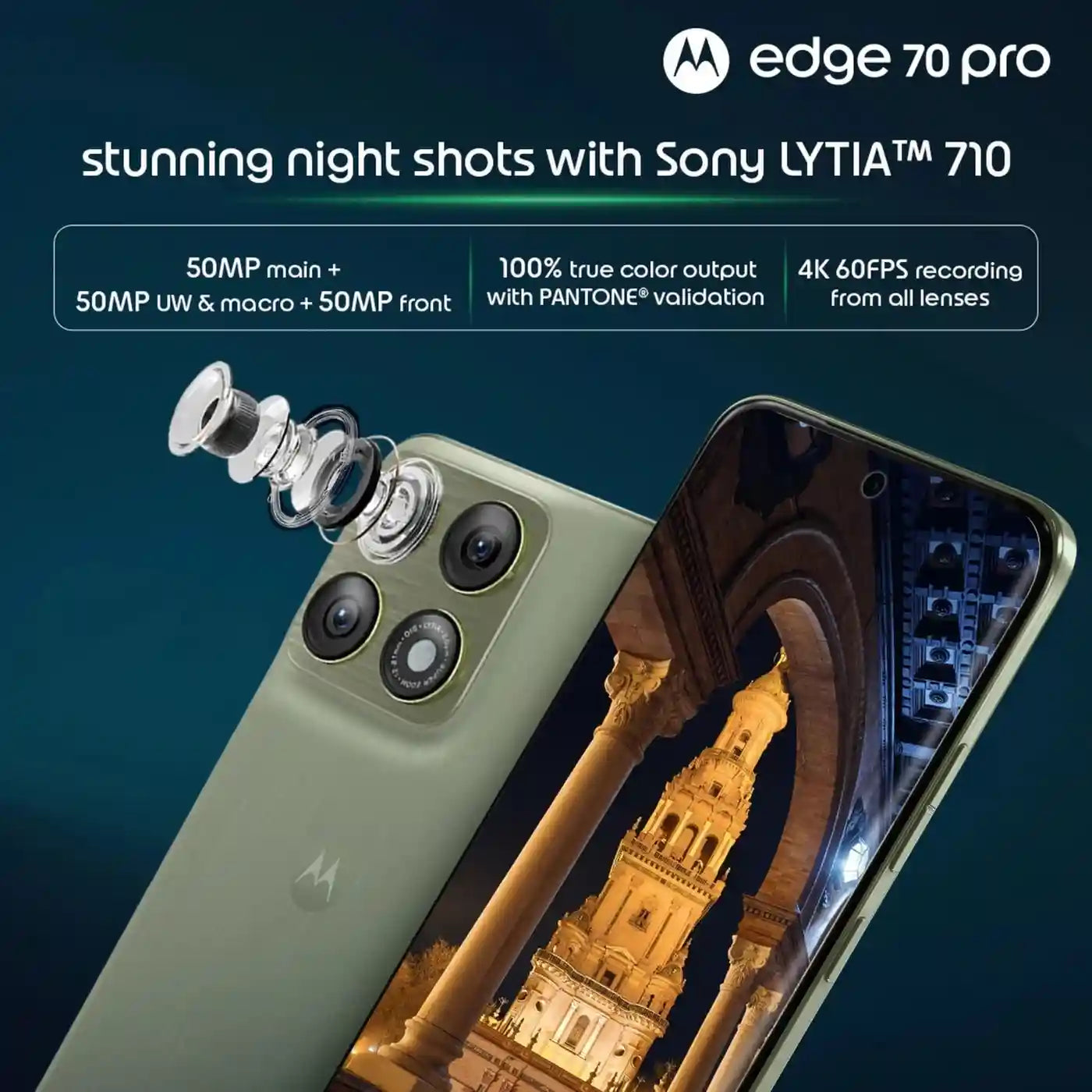 Motorola Edge 70 Pro 5G smartphone close-up of camera module with 50MP dual lens system