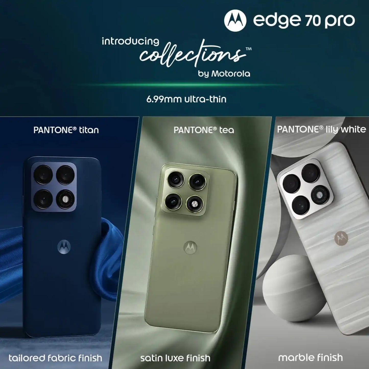 Motorola edge 70 pro phone with three finishes: PANTONE titan, tea, and lily white on a dark blue background.