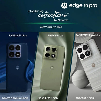 Motorola edge 70 pro phone with three finishes: PANTONE titan, tea, and lily white on a dark blue background.