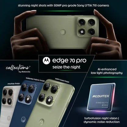 Motorola Edge 70 Pro smartphone with hands holding it, showcasing camera features and branding.