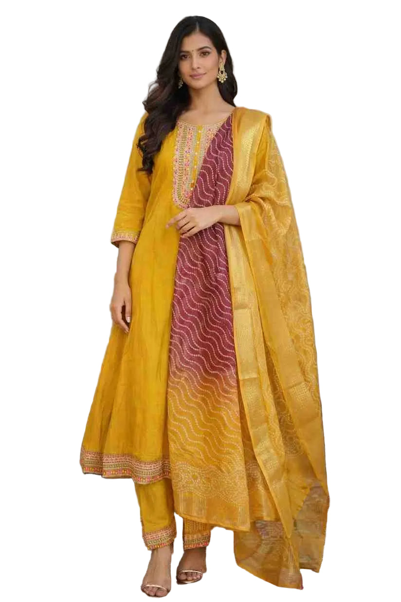 Mustard Yellow Maroon Bandhani Print Anarkali Kurta Set 3 Piece Ethnic Wear