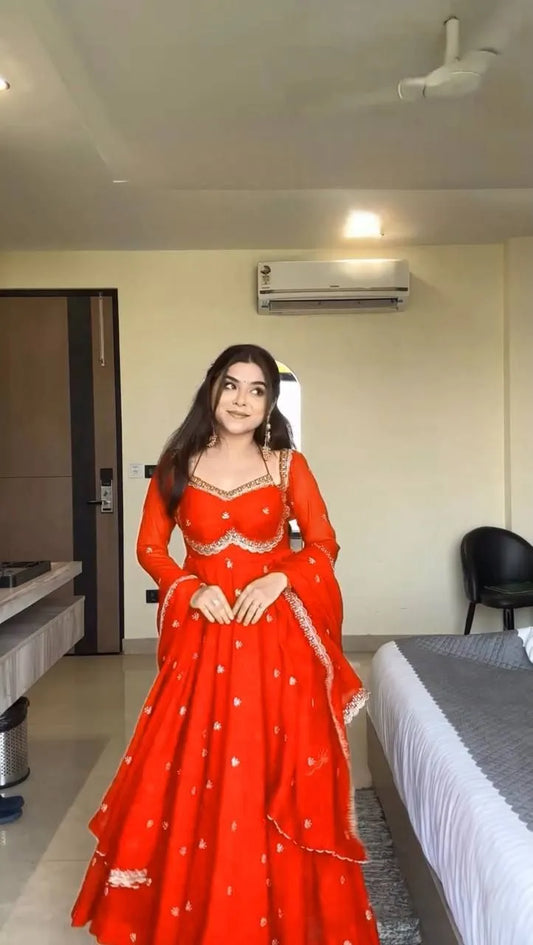 Designer Faux Georgette Anarkali Gown Set with Pant and Dupatta