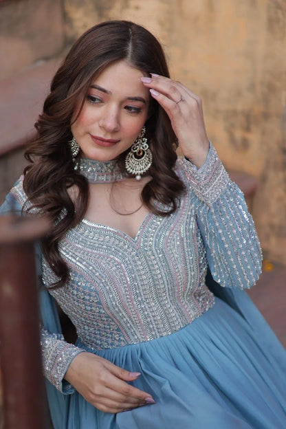 Lavender Embroidered Georgette Gown with Dupatta