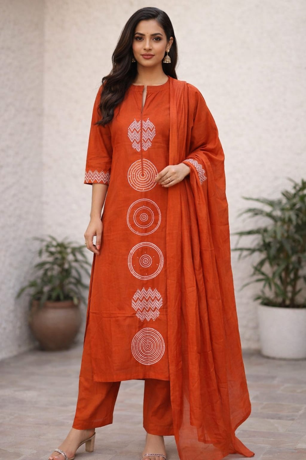 Orange cotton kurti with pant and dupatta set for women