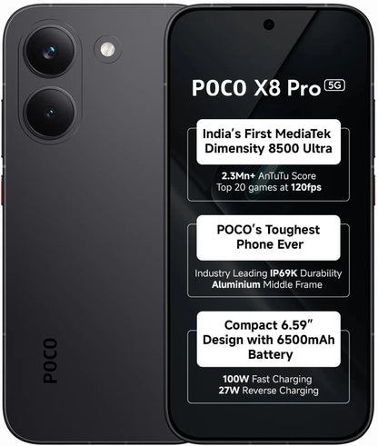 POCO X8 Pro 5G black 12GB RAM 256GB smartphone with AMOLED display and 50MP camera