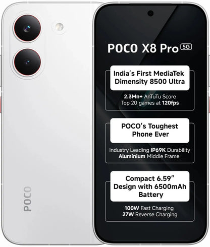 POCO X8 Pro 5G white 12GB RAM 256GB smartphone with AMOLED display and 50MP camera