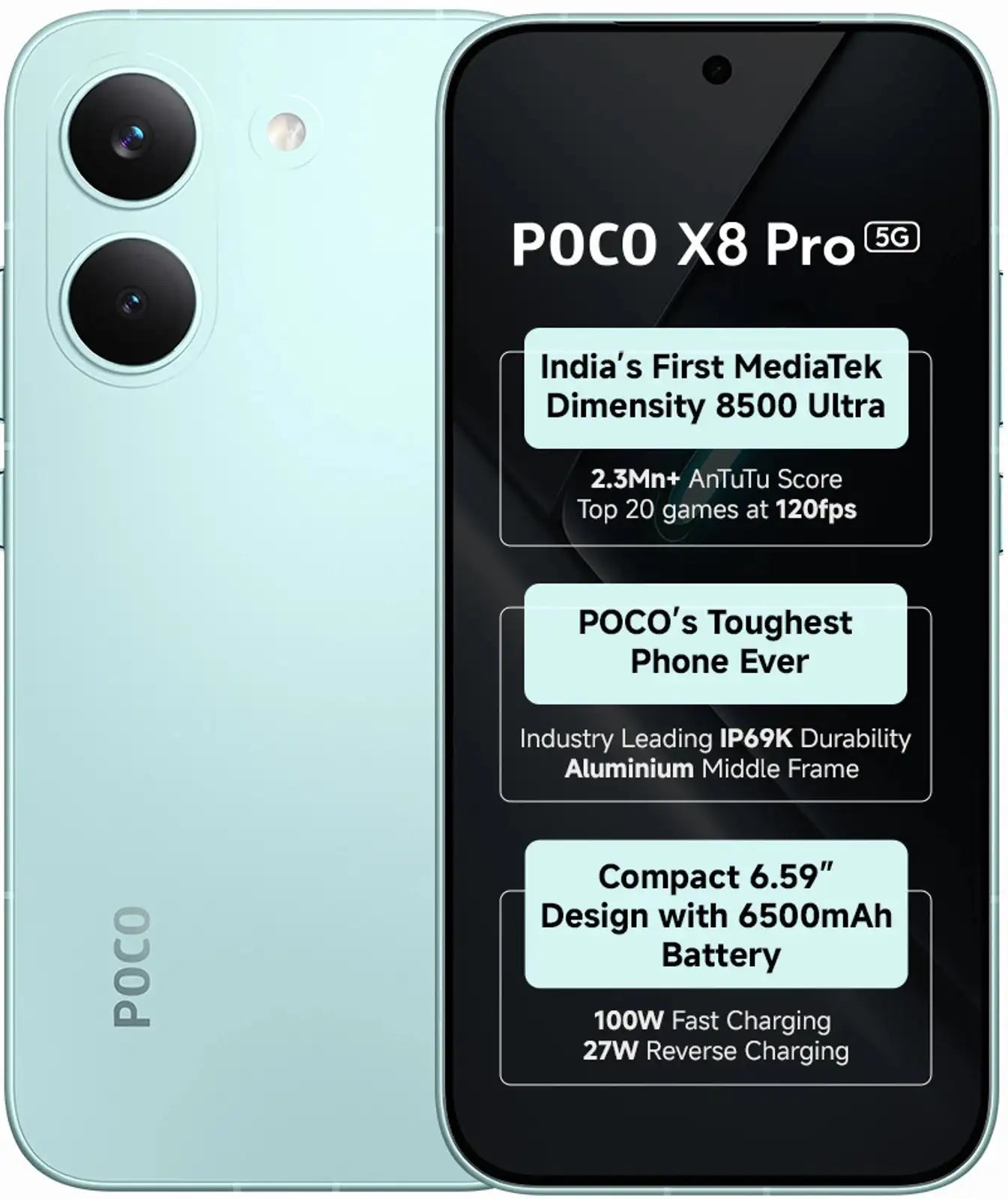 POCO X8 Pro 5G black smartphone front & back view
