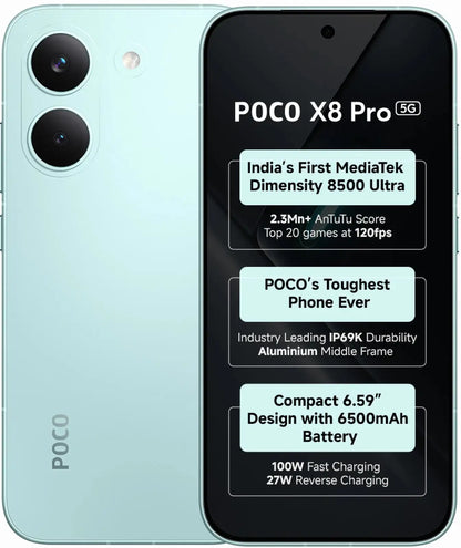 POCO X8 Pro 5G black smartphone front & back view