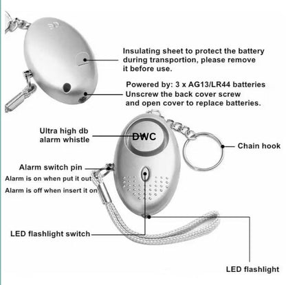 Personal safety alarm keychain with LED flashlight