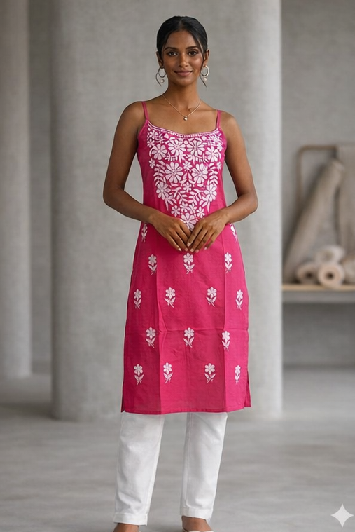 Pink chikankari embroidered strappy kurti sleeveless ethnic wear