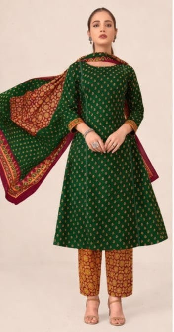 Pure cotton a line kurti pant dupatta set green ethnic wear for women