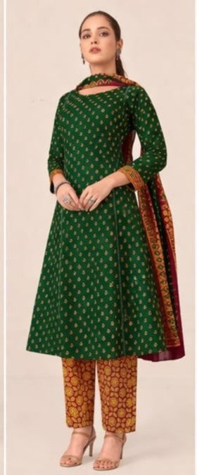 Pure cotton A line kurti pant dupatta set green ethnic wear