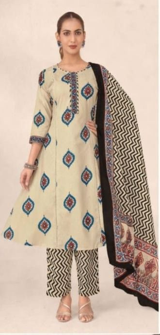Pure cotton a line kurti pant dupatta set printed ethnic wear for women