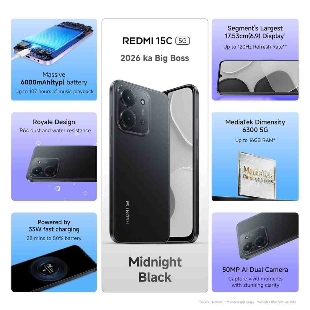 Redmi 15C smartphone with 6000mAh battery display view