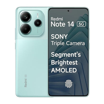 Smartphone with 'Redmi Note 14' branding and camera features on a white background