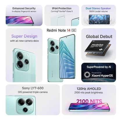 Redmi Note 14 smartphone with features listed on a white background