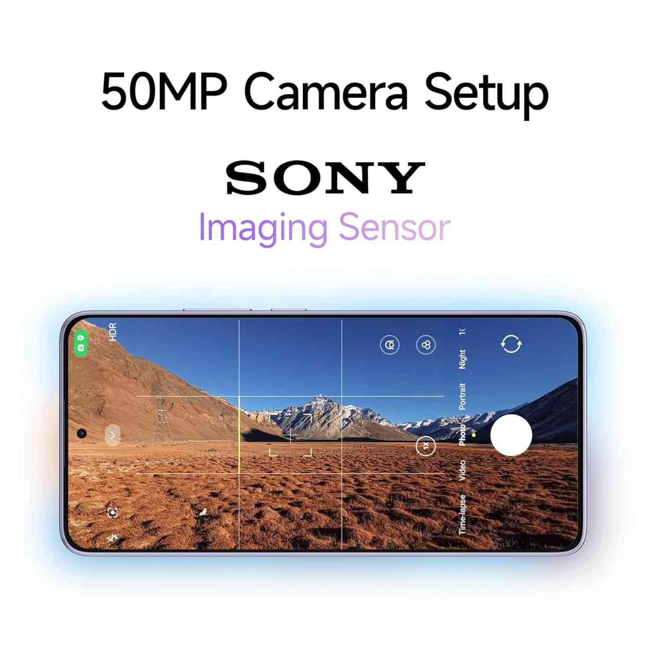 Smartphone displaying a mountainous landscape with 50MP camera setup and Sony imaging sensor text.
