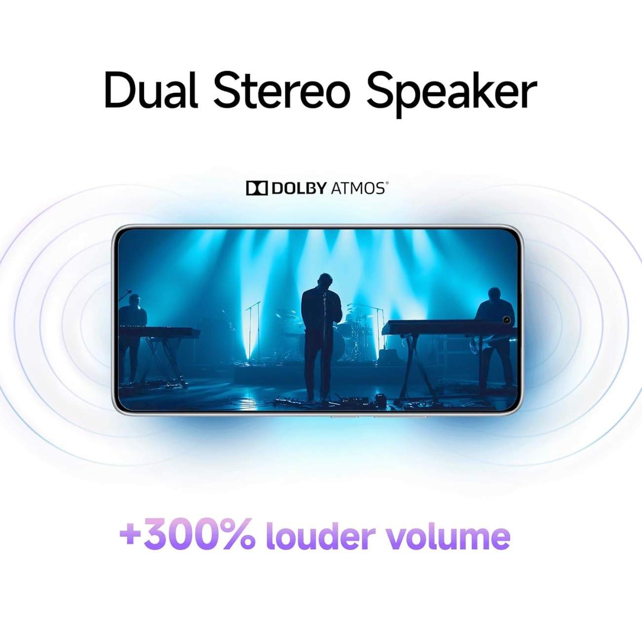 Smartphone with dual stereo speaker and Dolby Atmos branding on a white background