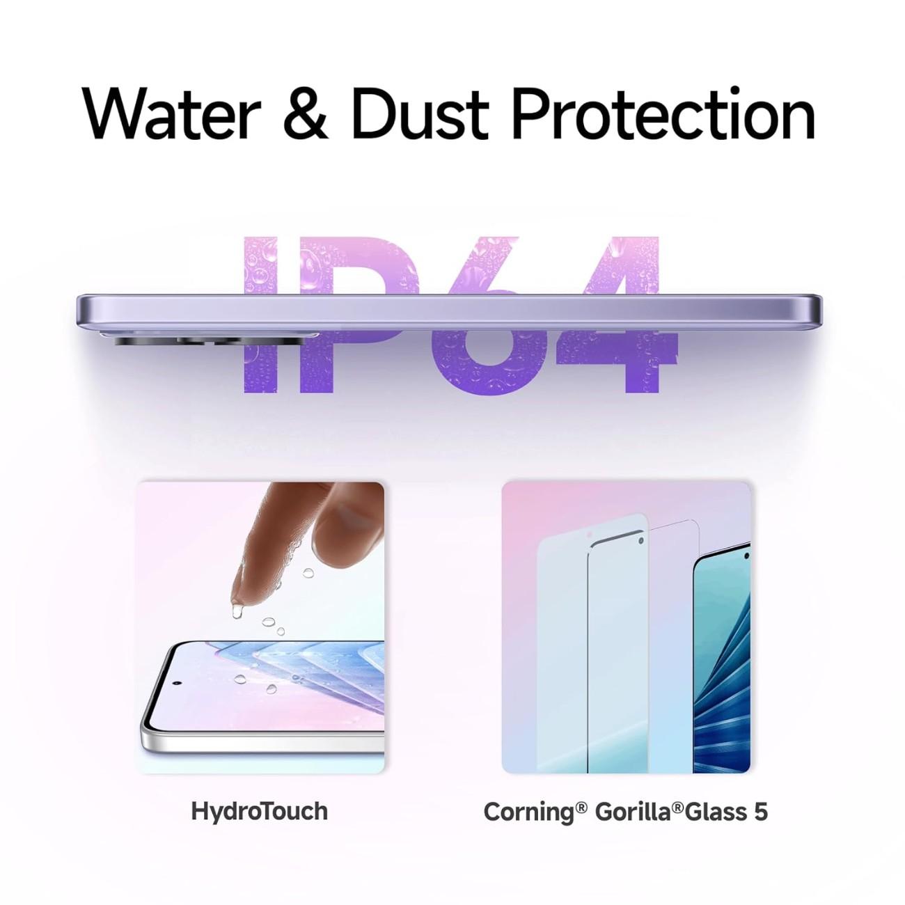 Smartphone with water and dust protection features, including 'IP64' rating and Corning Gorilla Glass 5 branding.
