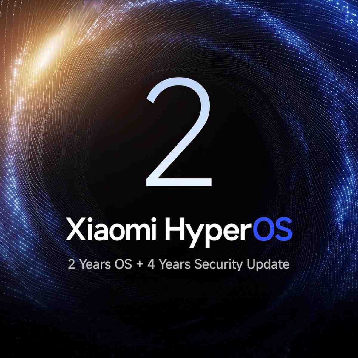 Promotional graphic for Xiaomi HyperOS with a futuristic design and number '2'.