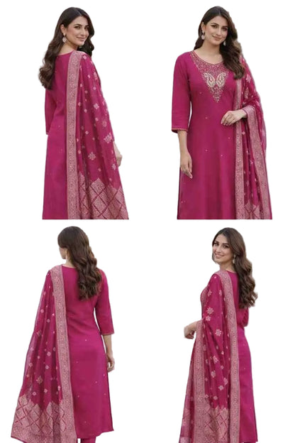 Roman silk kurta set with Banarasi dupatta for women front view, side view, and back view showcasing elegant design and rich fabric.