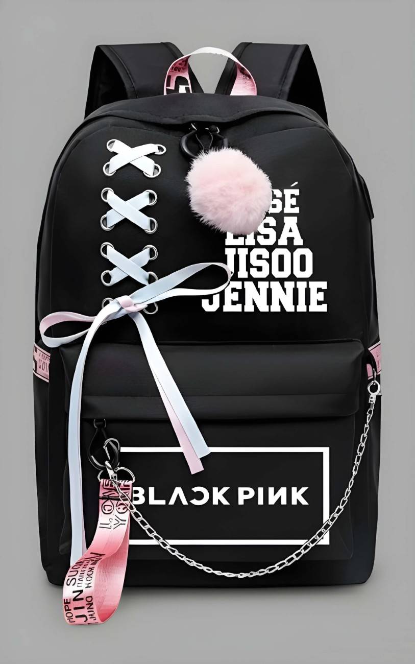 Black backpack with 'BLACKPINK' branding and decorative elements on a gray background
