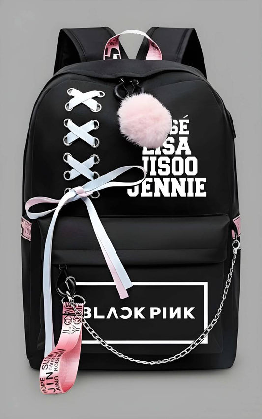 Black backpack with 'BLACKPINK' branding and decorative elements on a gray background