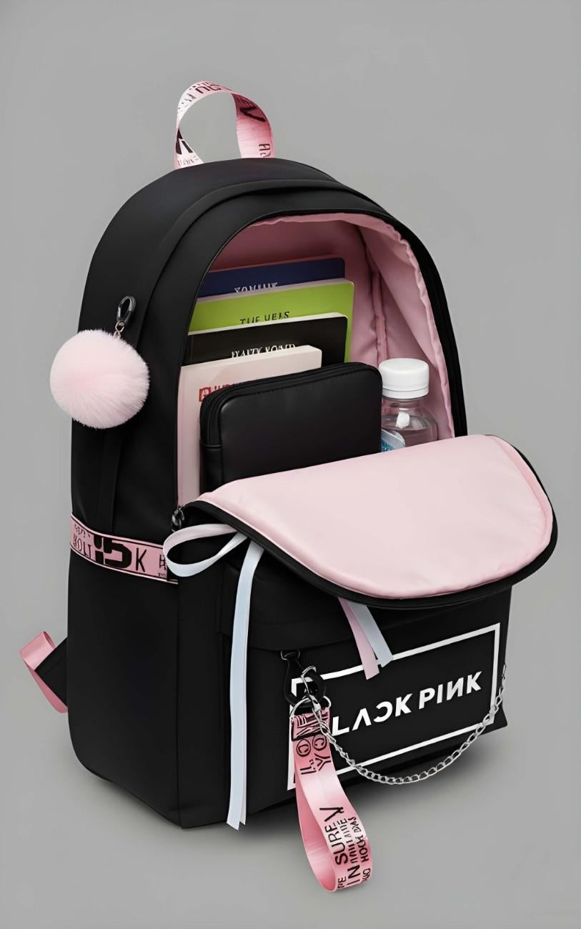 Black backpack with pink accents and 'BLACKPINK' branding on a gray background