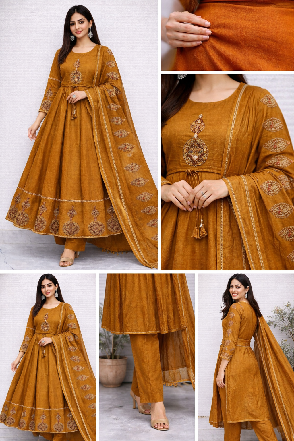 Stylish mustard Anarkali kurta pant set ethnic wear