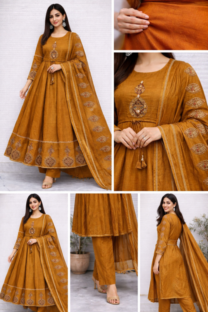 Stylish mustard Anarkali kurta pant set ethnic wear
