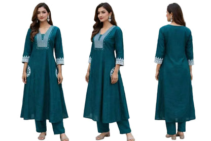 Teal Embroidered Kurta Set for Women Ethnic Wear - indiya Se
