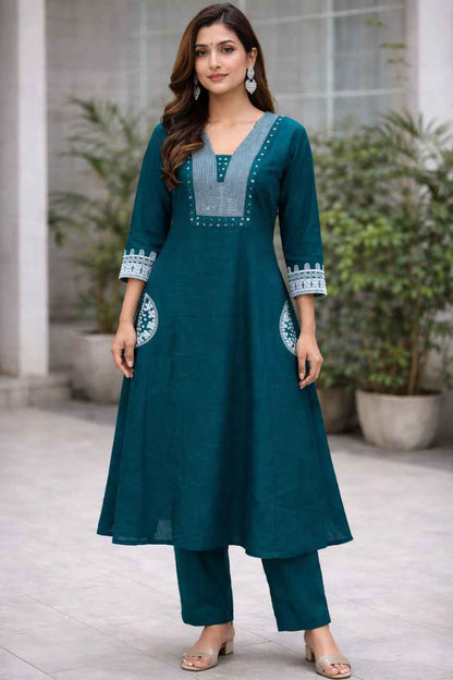 Teal Embroidered Kurta Set for Women Ethnic Wear - indiya Se