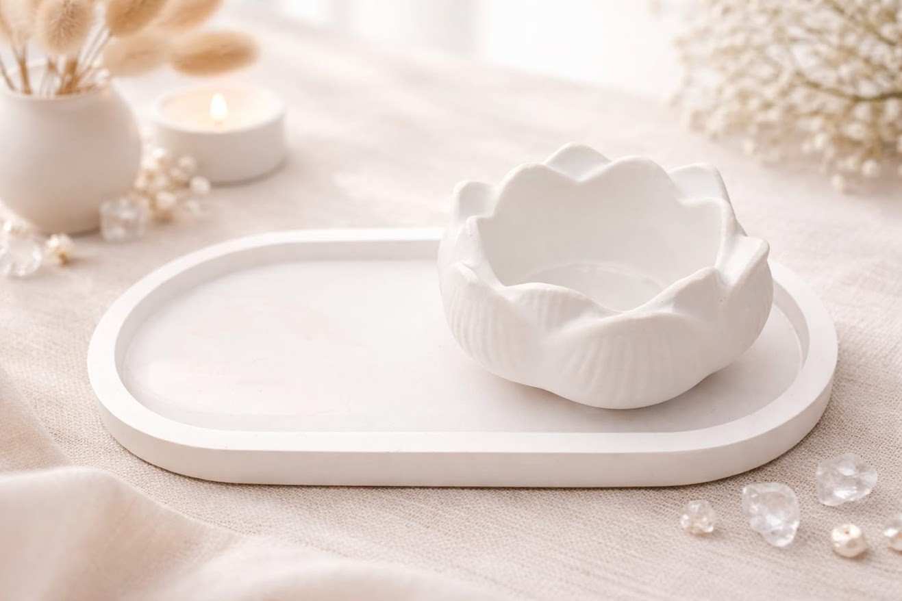 Trinket tray with lotus candle holder gypsum home decor set for pooja and decoration