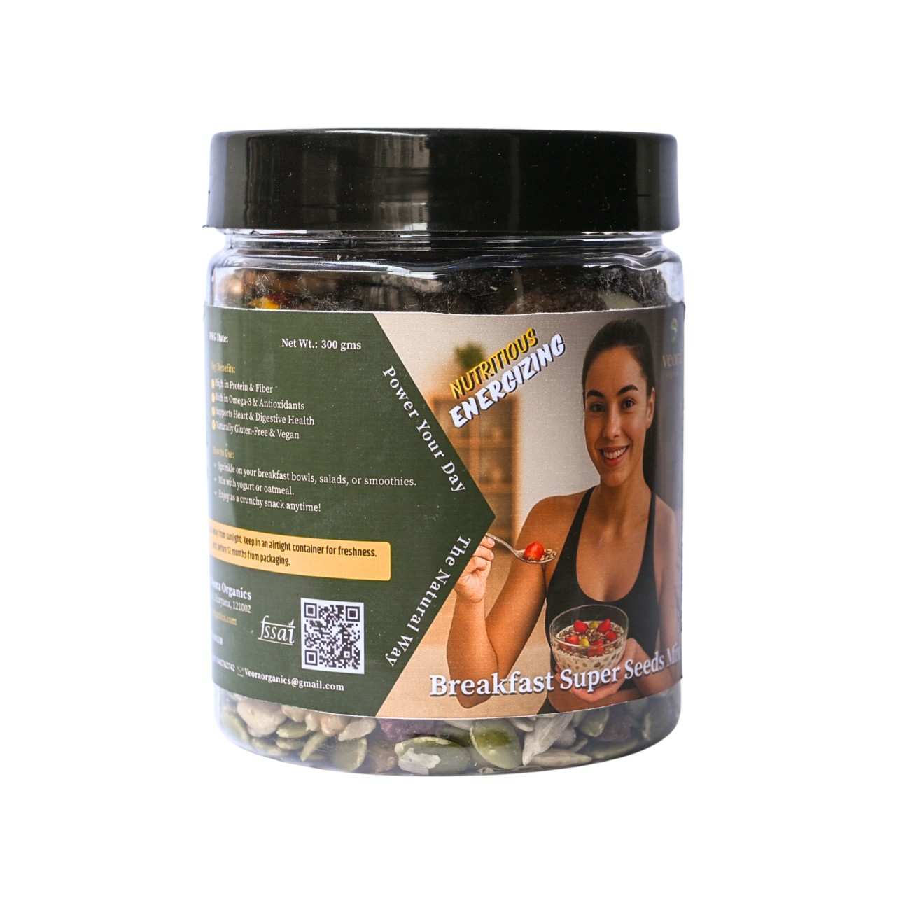 Jar of breakfast super seeds with a woman on the label against a white background