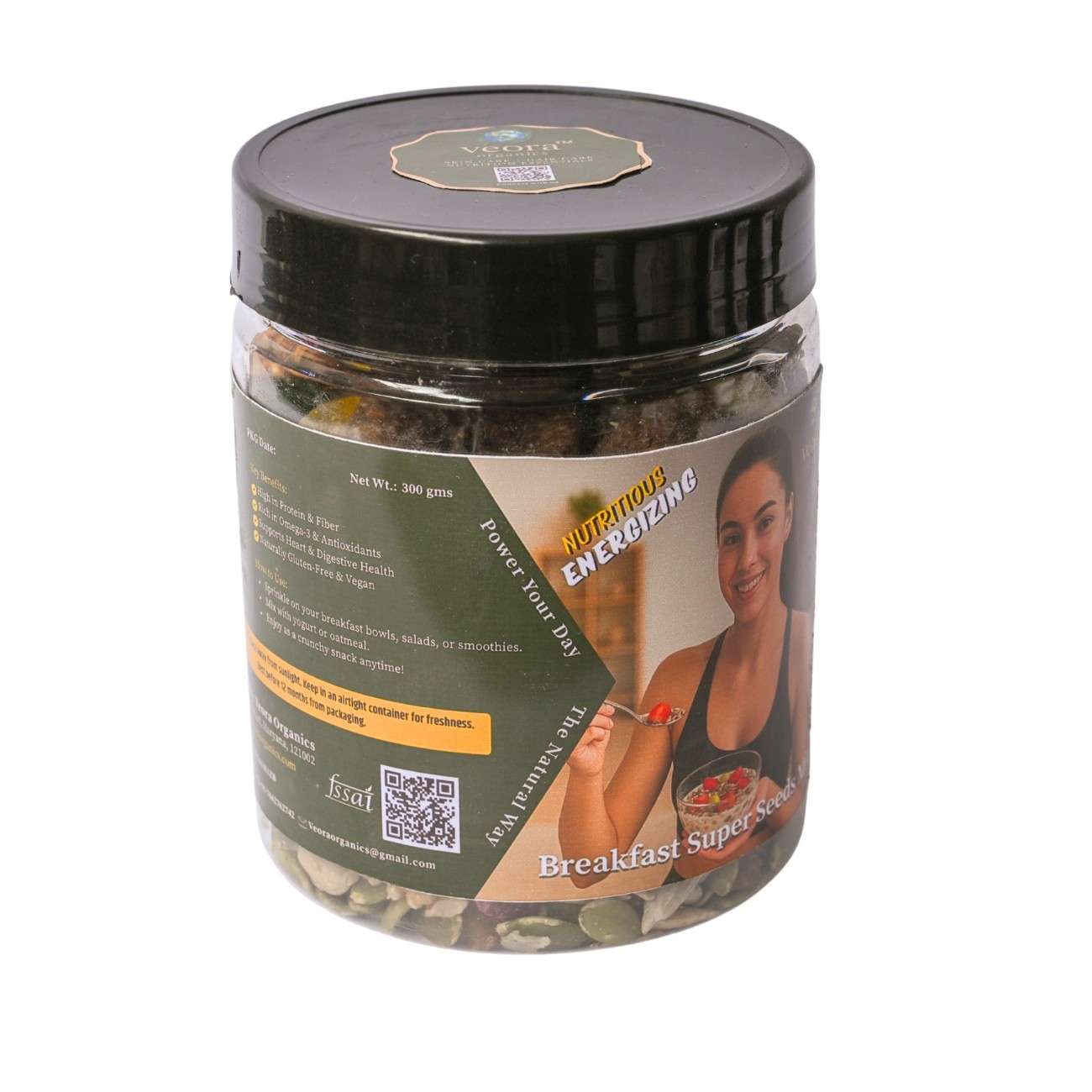 Jar of breakfast super snacks with a label featuring a woman and text on a white background