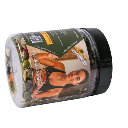 Container of breakfast super seeds mix with a woman on the label