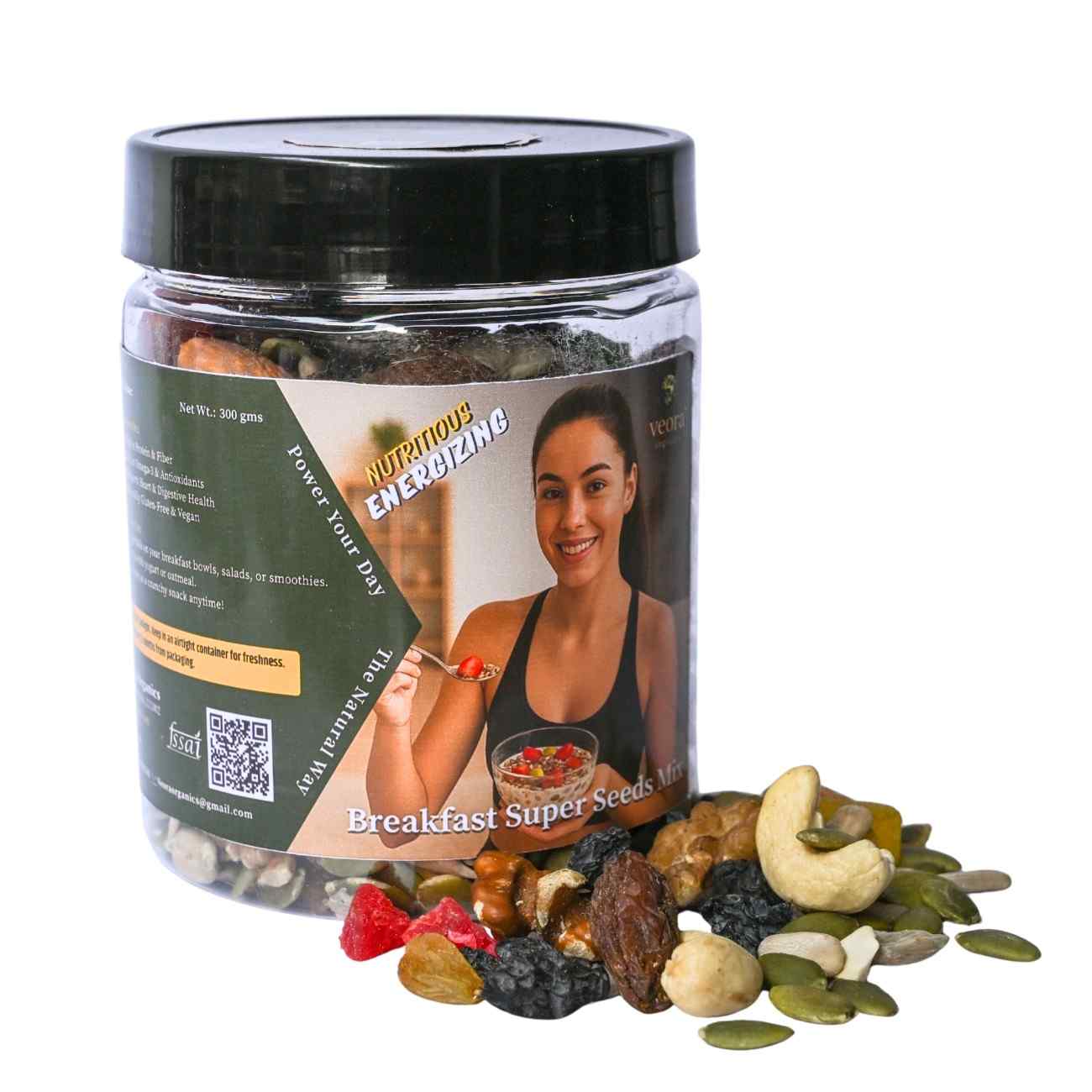 Jar of breakfast super seeds with a woman on the label against a white background