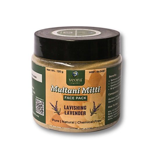 Veora Multani Mitti face pack jar with lavender on a white background