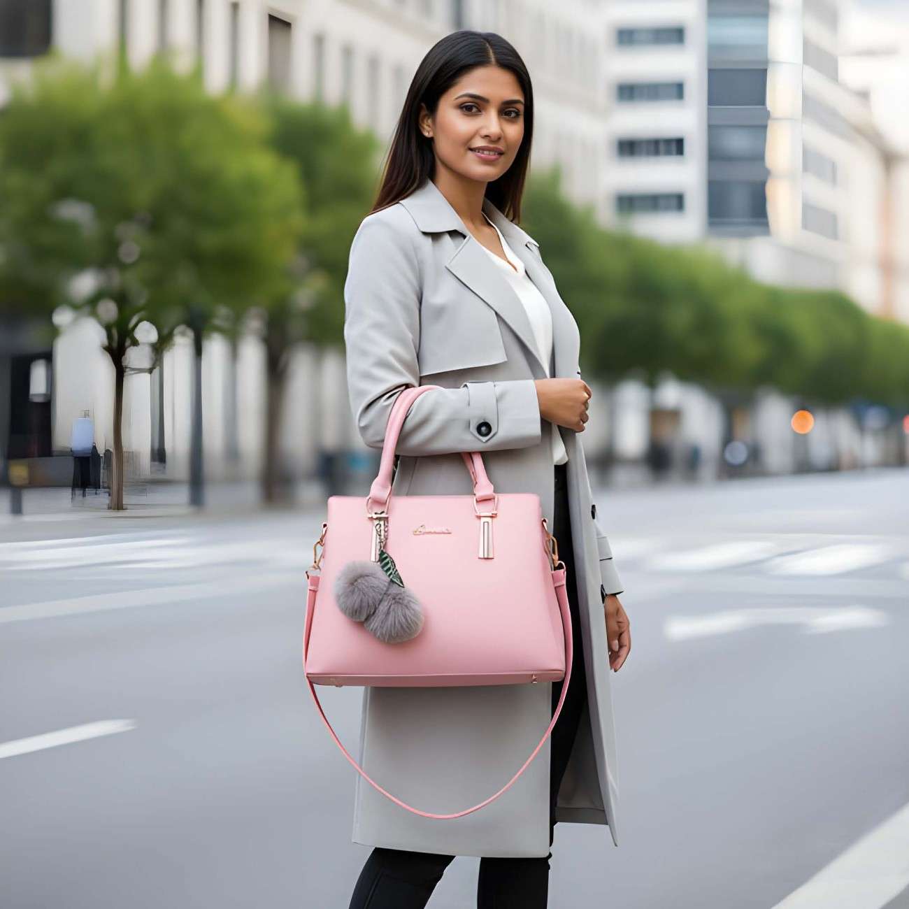 Woman holding a pink handbag 