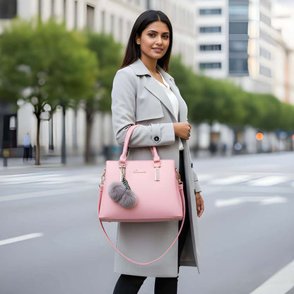 Woman holding a pink handbag 