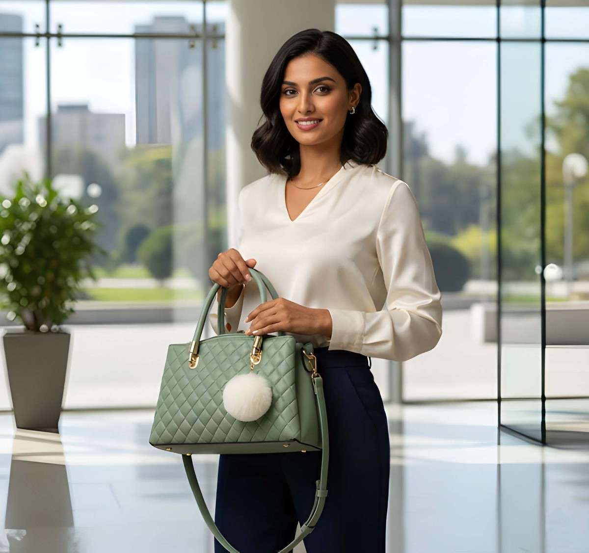 Woman holding a green handbag in an office setting