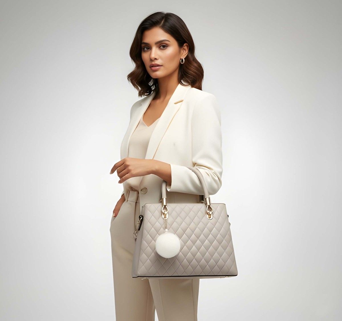 Woman holding a beige quilted handbag with a white background